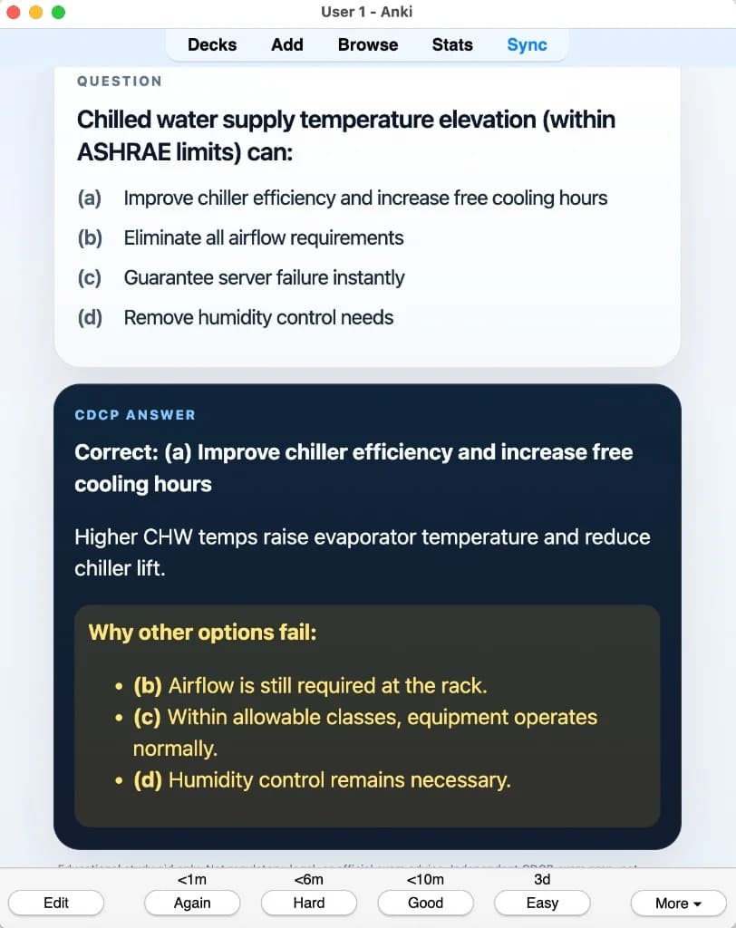 Sample Anki card: Chilled water supply temperature elevation (within ASHRAE limits) can: