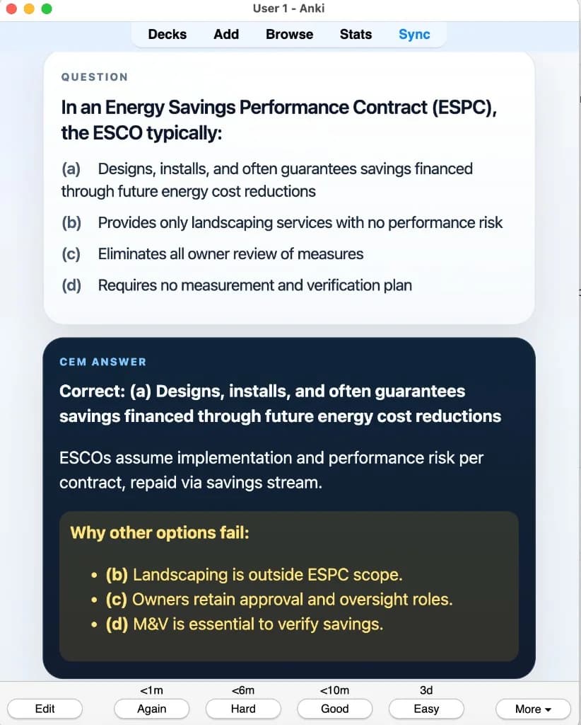 Sample Anki card: In an Energy Savings Performance Contract (ESPC), the ESCO typically: