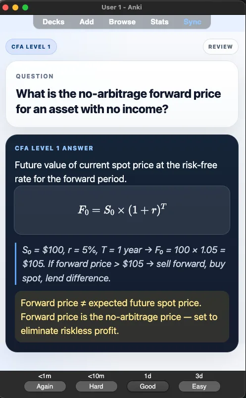 Sample Anki card: What is the no-arbitrage forward price for an asset with no income?