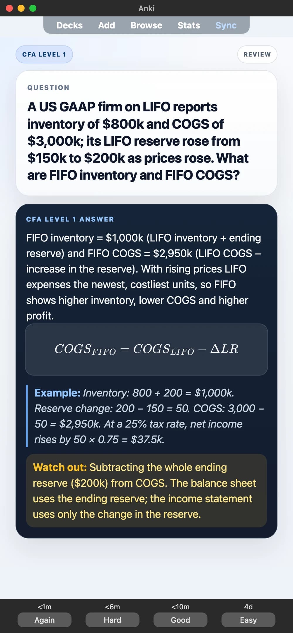 Sample Anki card: A US GAAP firm on LIFO reports inventory of $800k and COGS of $3,000k; its LIFO reserve rose from $150k to $200k as prices rose. What are FIFO inventory and FIFO COGS?