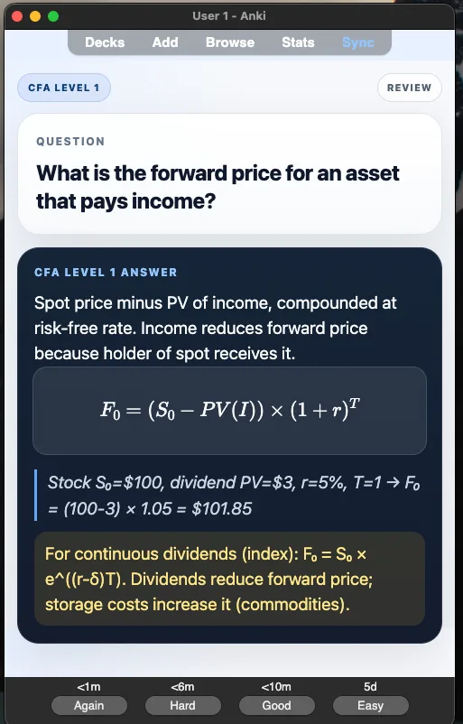 Sample Anki card: What is the forward price for an asset that pays income?