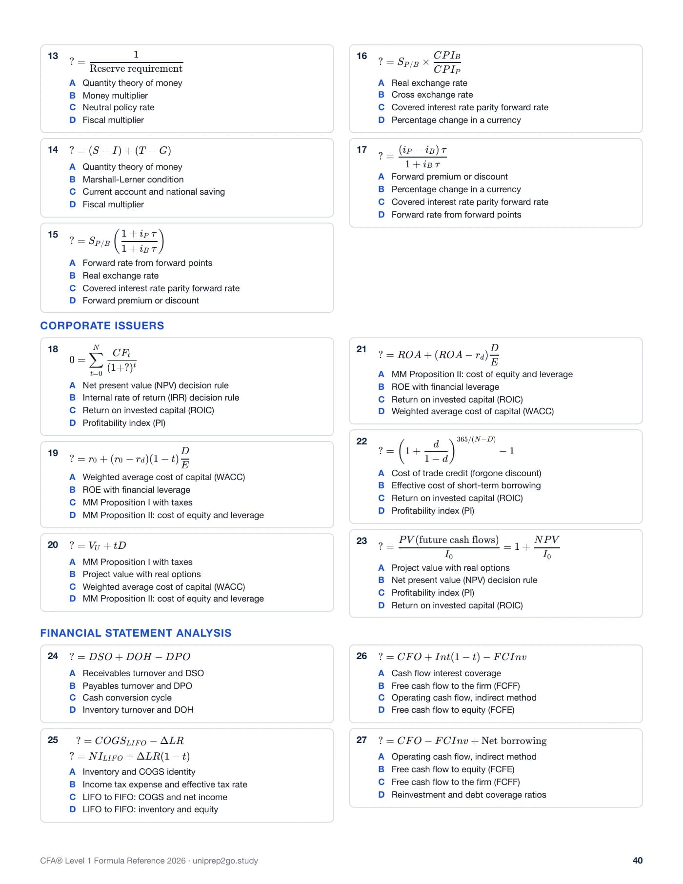 PDF preview: Formula Recall Drill — Economics, Corporate Issuers and FSA items 13–27 (page 40)