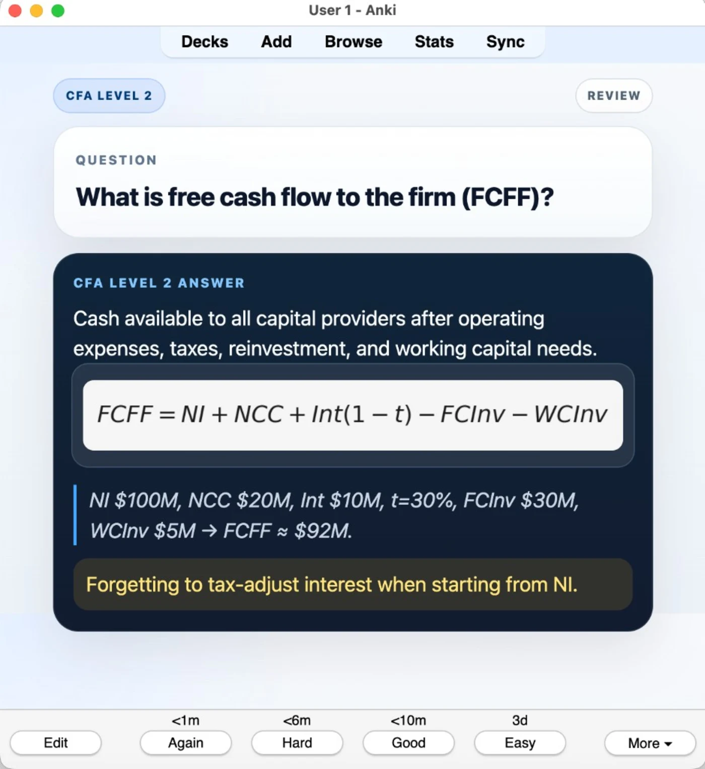 Sample Anki card: What is free cash flow to the firm (FCFF)?