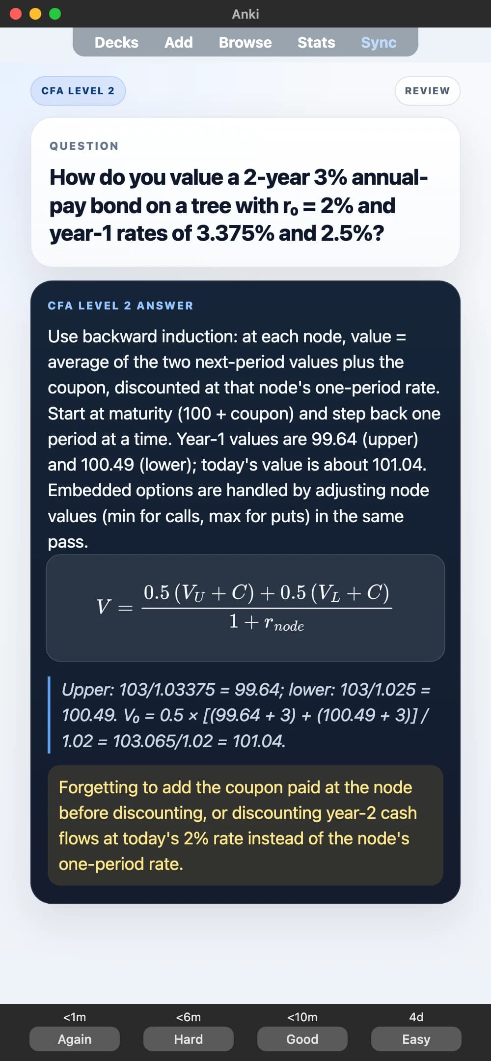 Sample Anki card: How do you value a 2-year 3% annual-pay bond on a tree with r₀ = 2% and year-1 rates of 3.375% and 2.5%?
