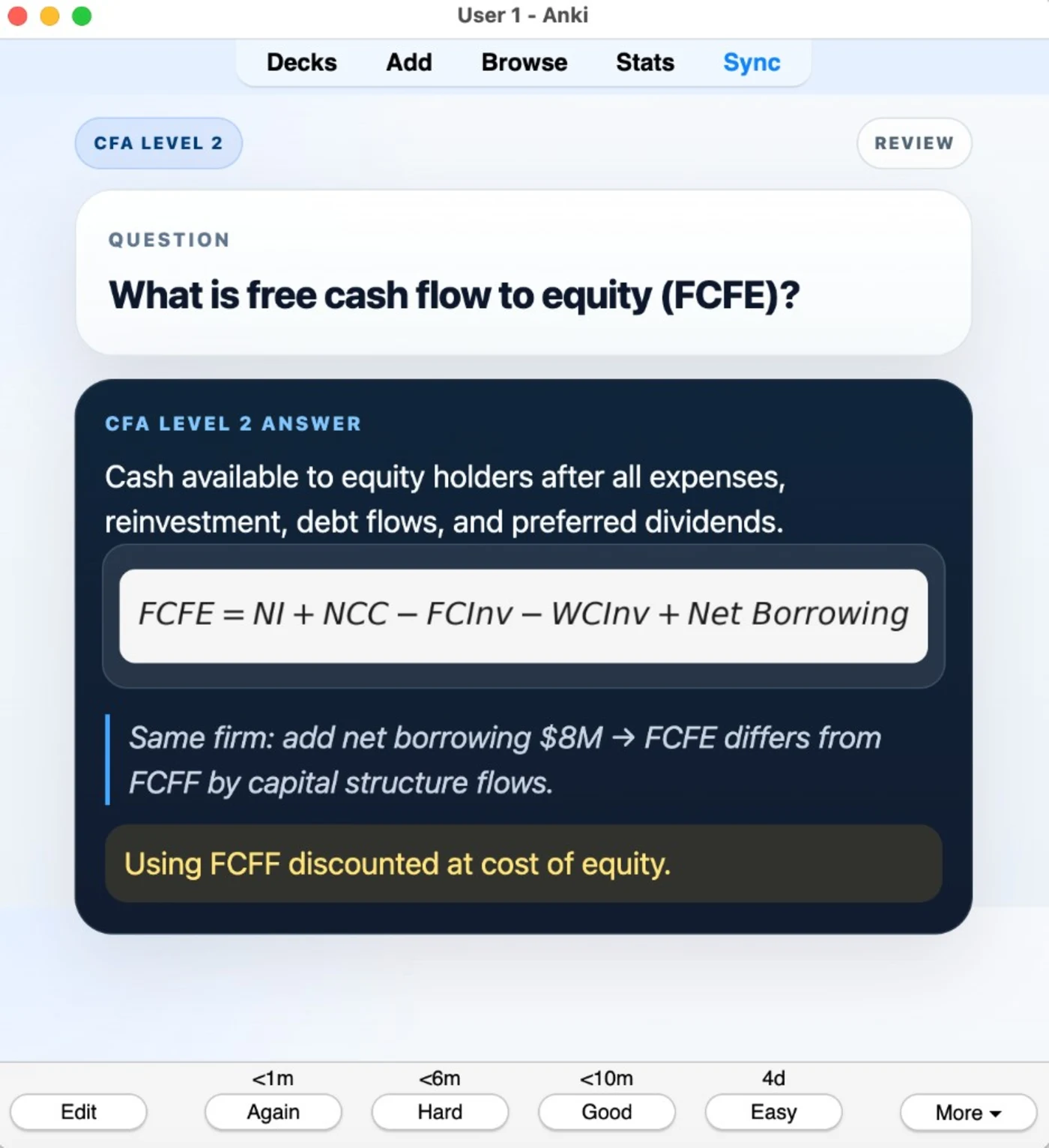 Sample Anki card: What is free cash flow to equity (FCFE)?