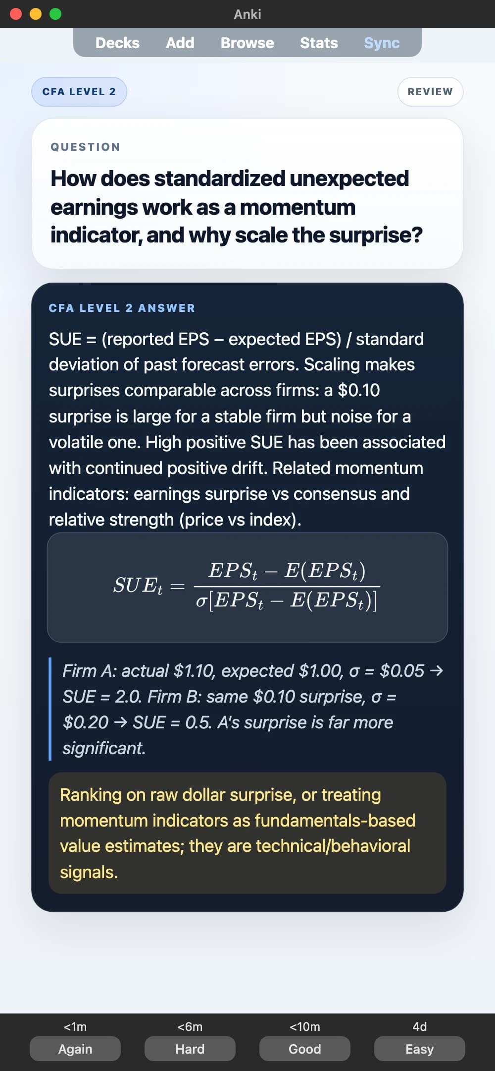 Sample Anki card: How does standardized unexpected earnings work as a momentum indicator, and why scale the surprise?