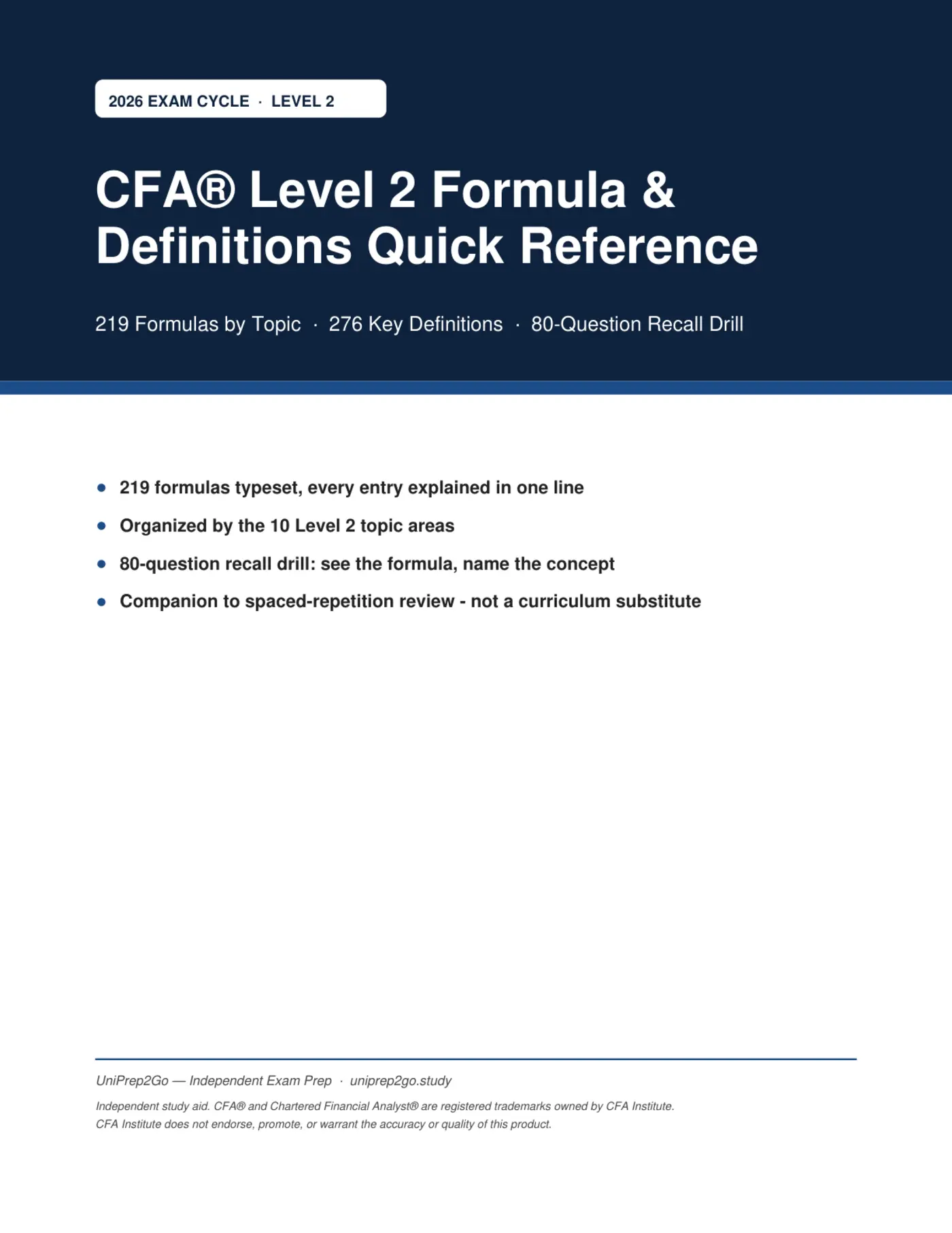 PDF preview: Cover — Level 2 formula reference at a glance