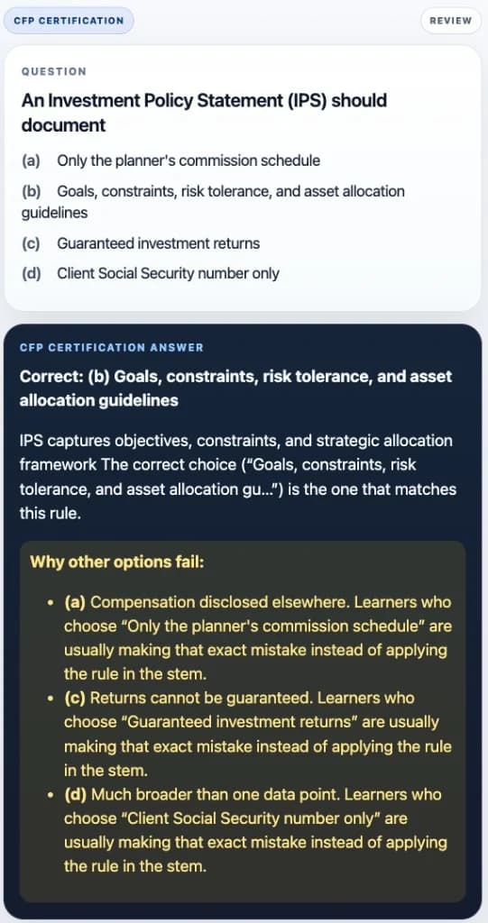 Sample Anki card: An Investment Policy Statement (IPS) should document
