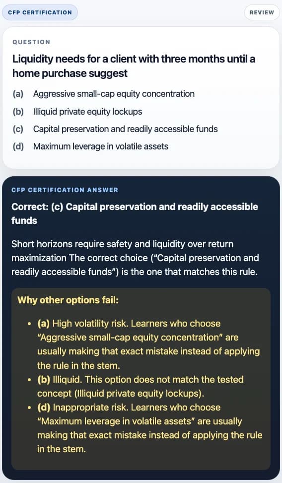 Sample Anki card: Liquidity needs for a client with three months until a home purchase suggest