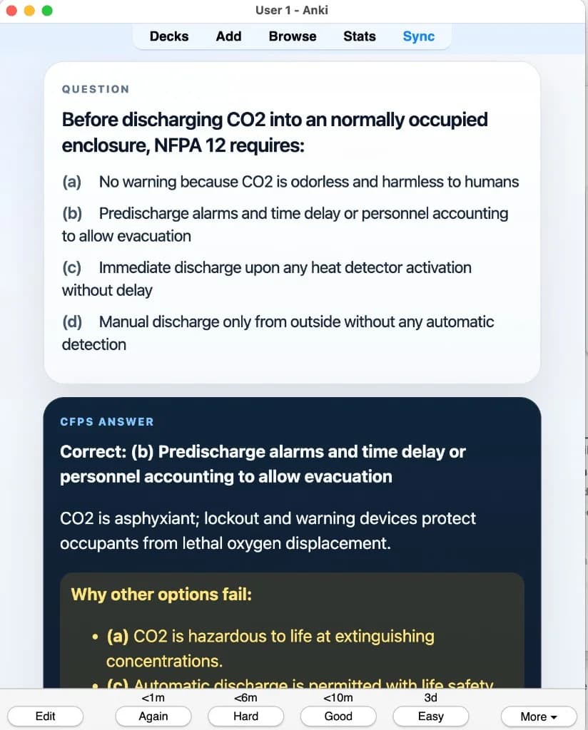 Sample Anki card: Before discharging CO2 into a normally occupied enclosure, NFPA 12 requires: