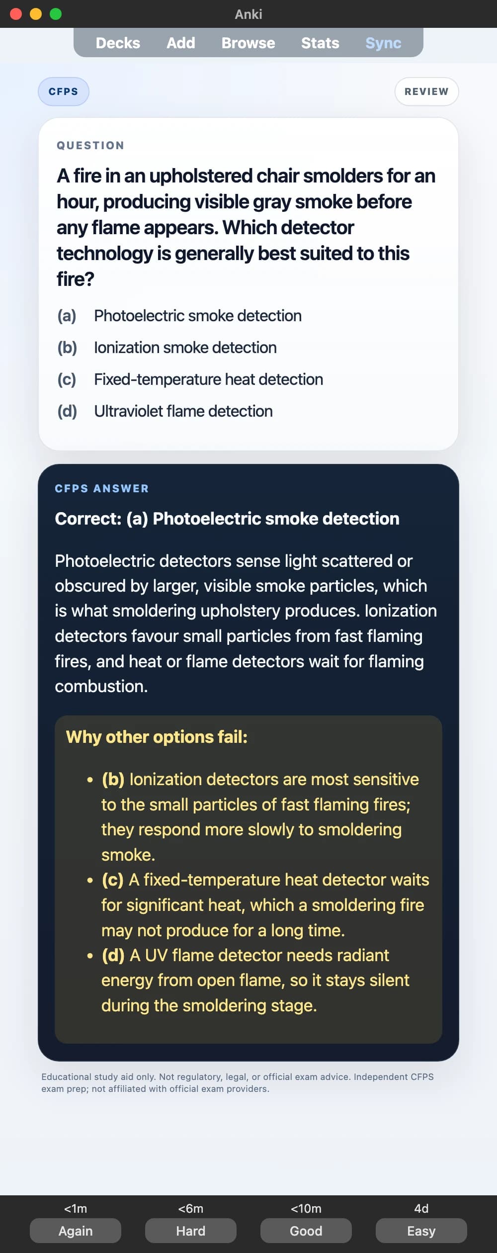 Sample Anki card: A fire in an upholstered chair smolders for an hour, producing visible gray smoke before any flame appears. Which detector technology is generally best suited to this fire?