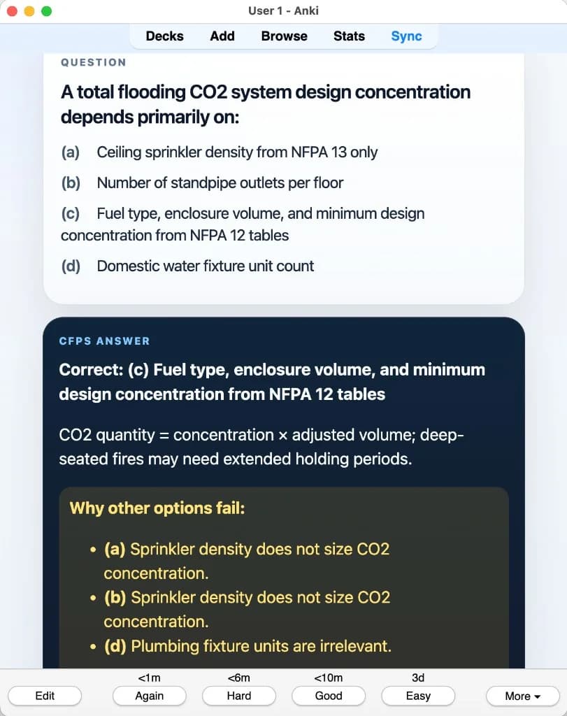 Sample Anki card: A total flooding CO2 system design concentration depends primarily on: