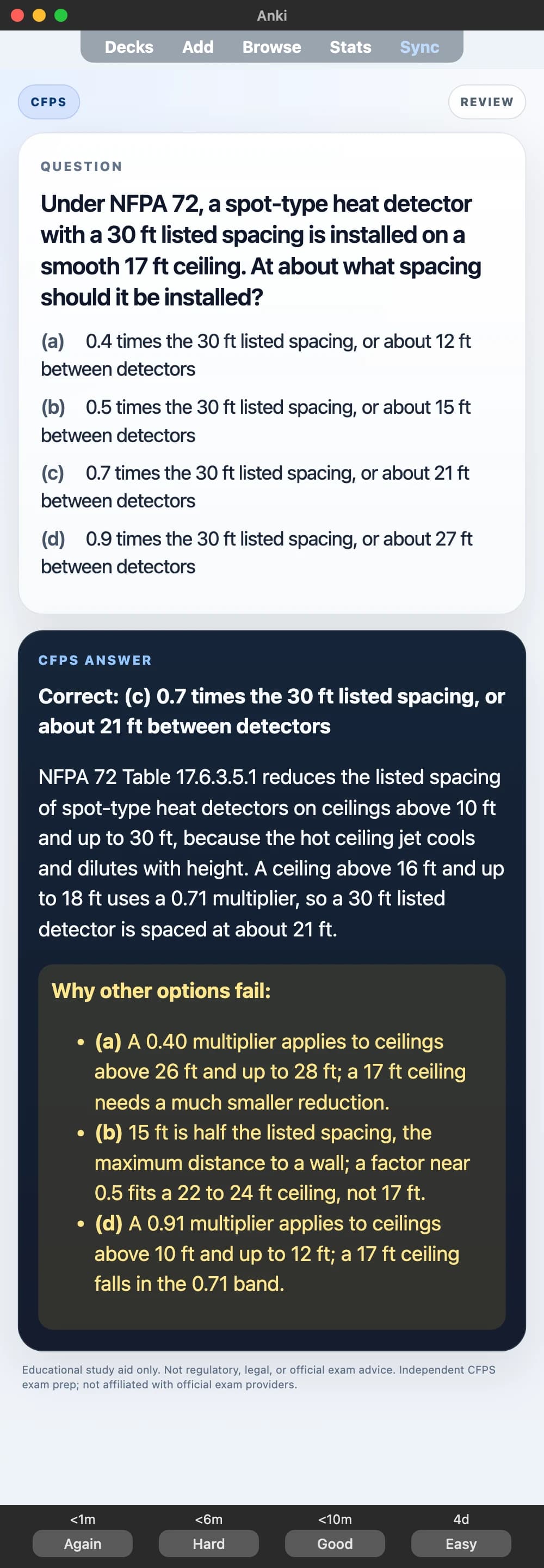 Sample Anki card: Under NFPA 72, a spot-type heat detector with a 30 ft listed spacing is installed on a smooth 17 ft ceiling. At about what spacing should it be installed?