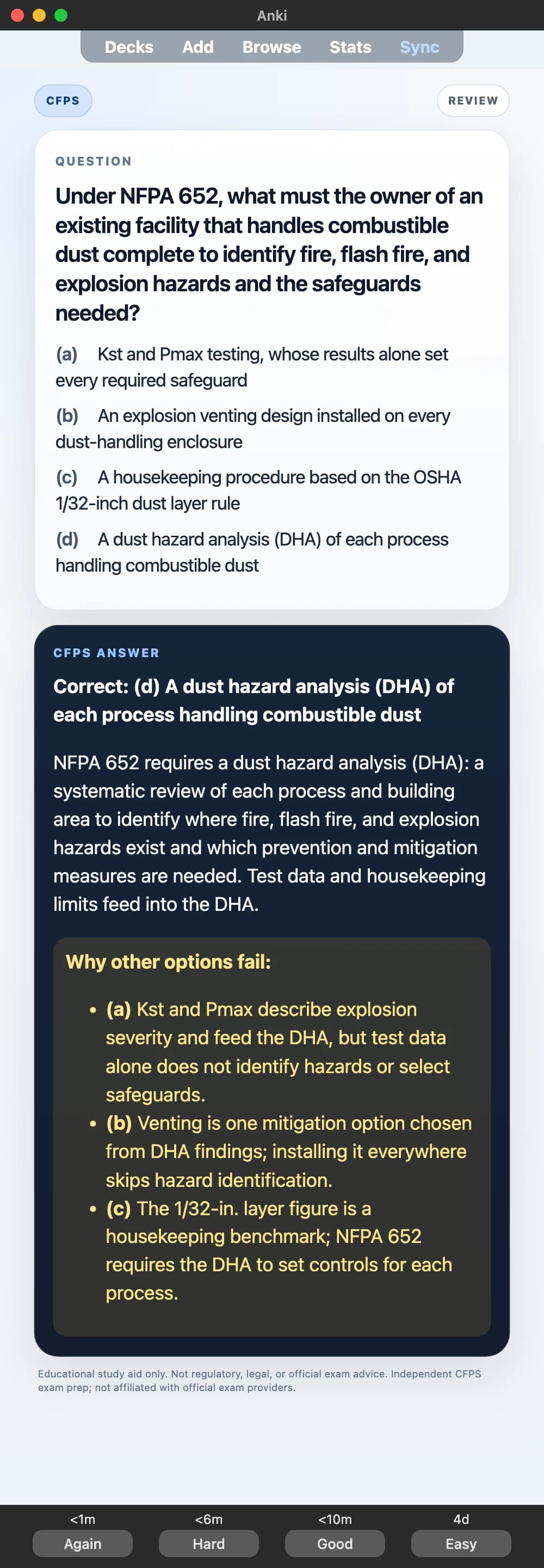 Sample Anki card: Under NFPA 652, what must the owner of an existing facility that handles combustible dust complete to identify fire, flash fire, and explosion hazards and the safeguards needed?