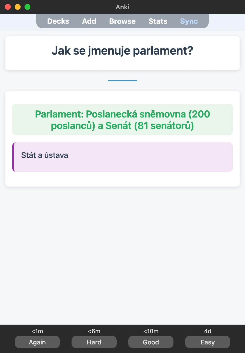Sample Anki card: Jak se jmenuje parlament?