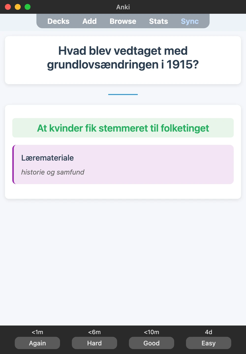 Sample Anki card: Hvad blev vedtaget med grundlovsændringen i 1915?