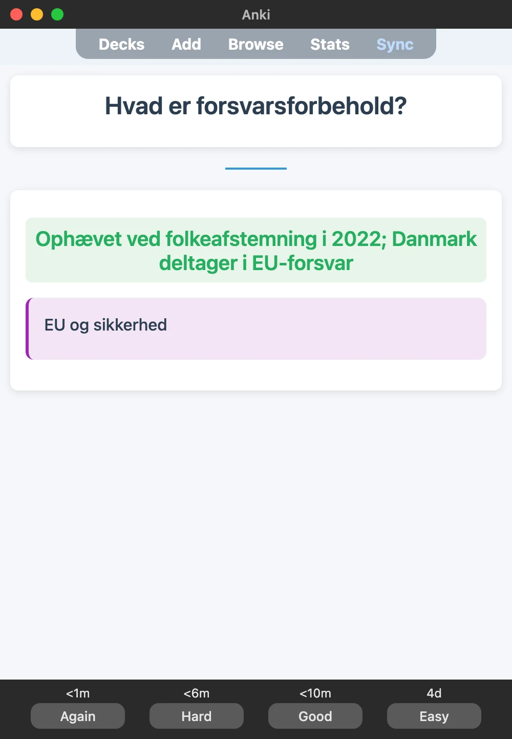 Sample Anki card: Hvad er forsvarsforbehold?