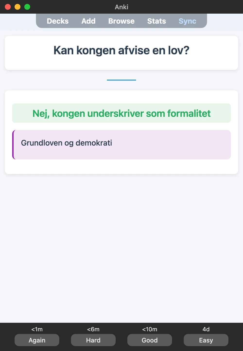 Sample Anki card: Kan kongen afvise en lov?