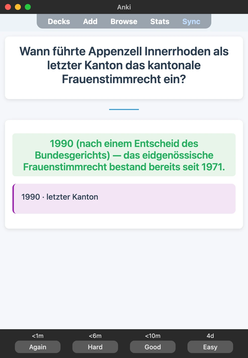 Sample Anki card: Wann führte Appenzell Innerrhoden als letzter Kanton das kantonale Frauenstimmrecht ein?