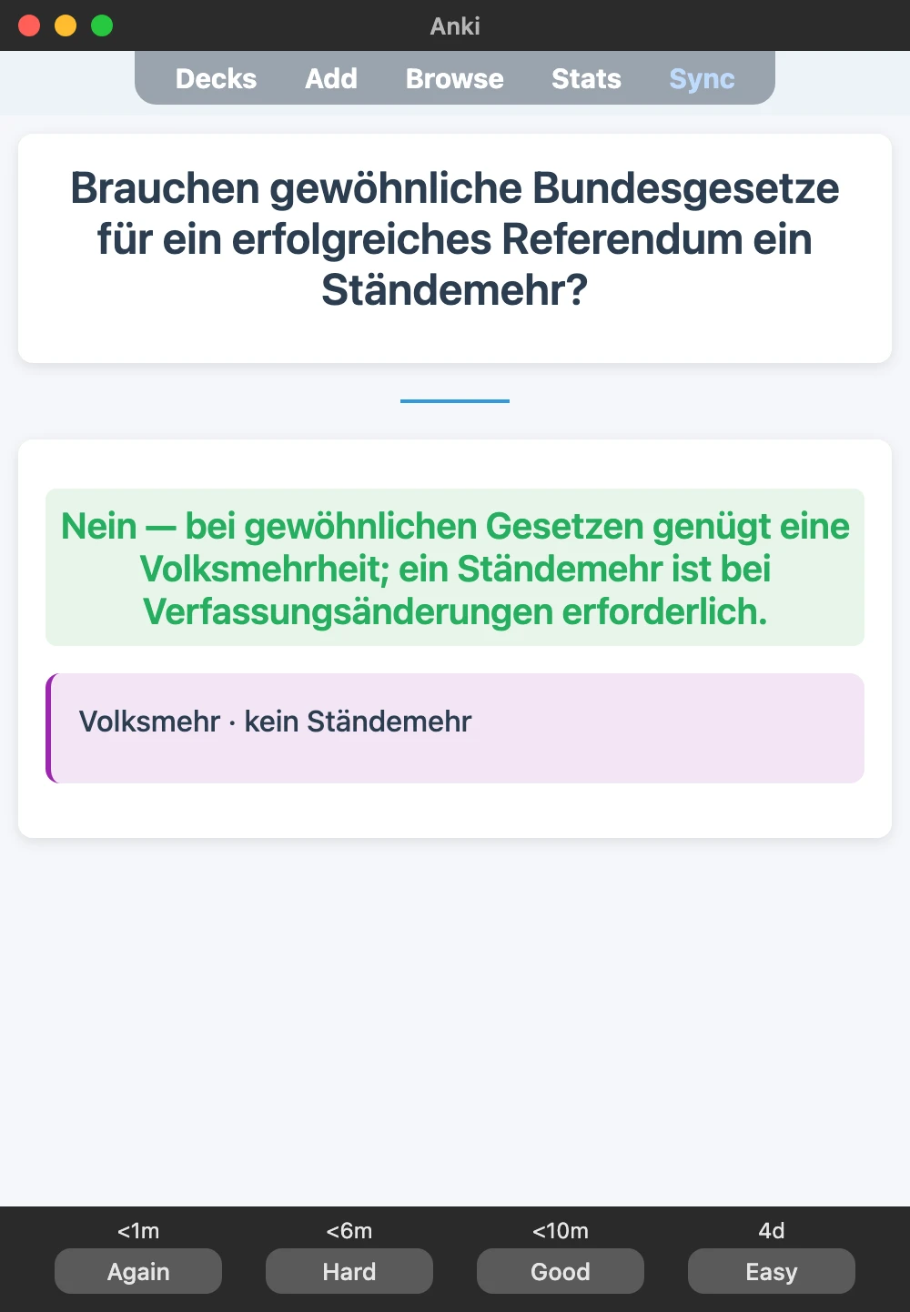 Sample Anki card: Brauchen gewöhnliche Bundesgesetze für ein erfolgreiches Referendum ein Ständemehr?