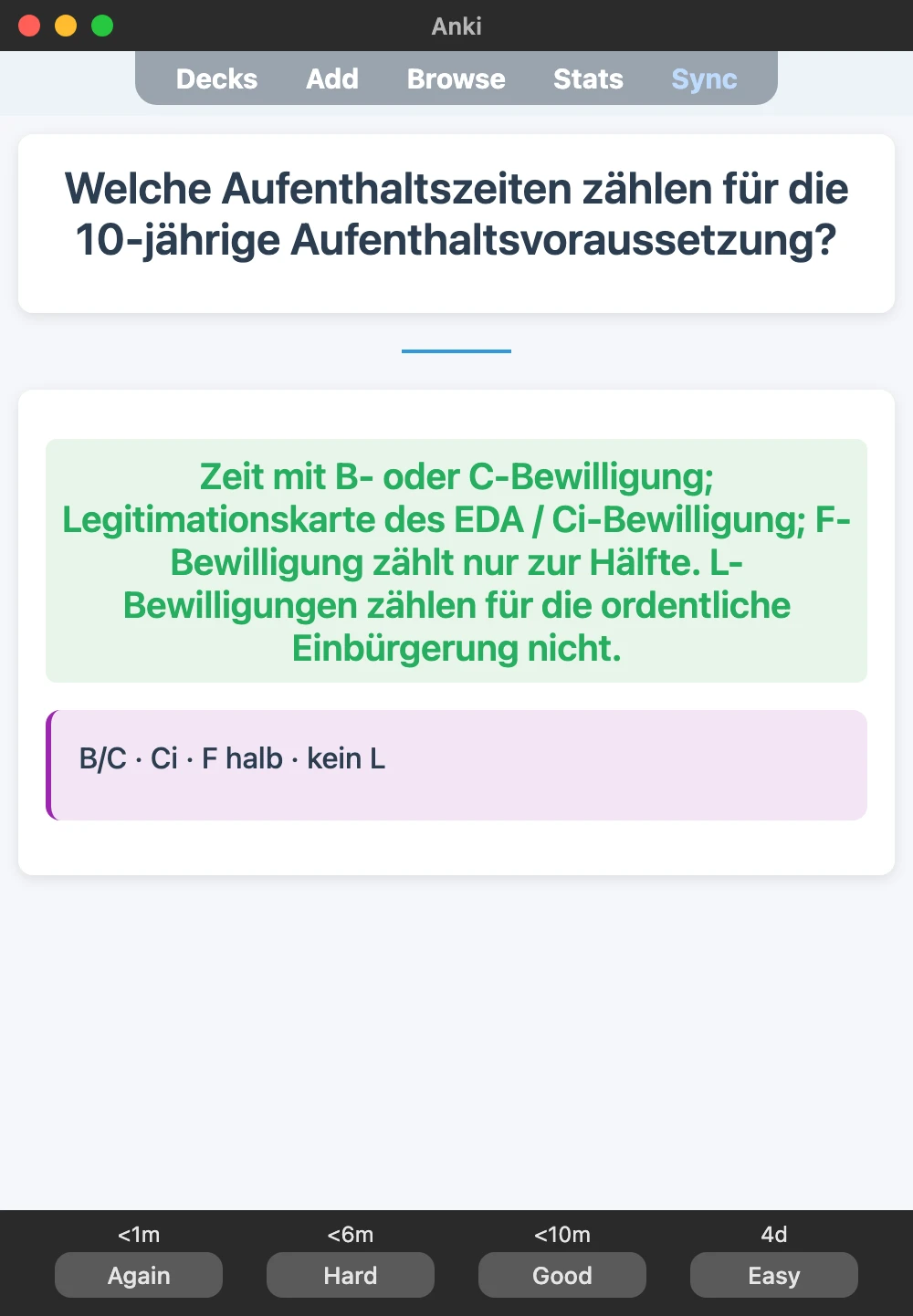 Sample Anki card: Welche Aufenthaltszeiten zählen für die 10-jährige Aufenthaltsvoraussetzung?