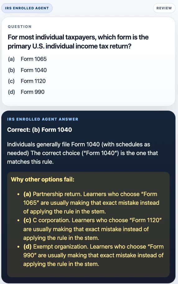 Sample Anki card: For most individual taxpayers, which form is the primary U.S. individual income tax return?