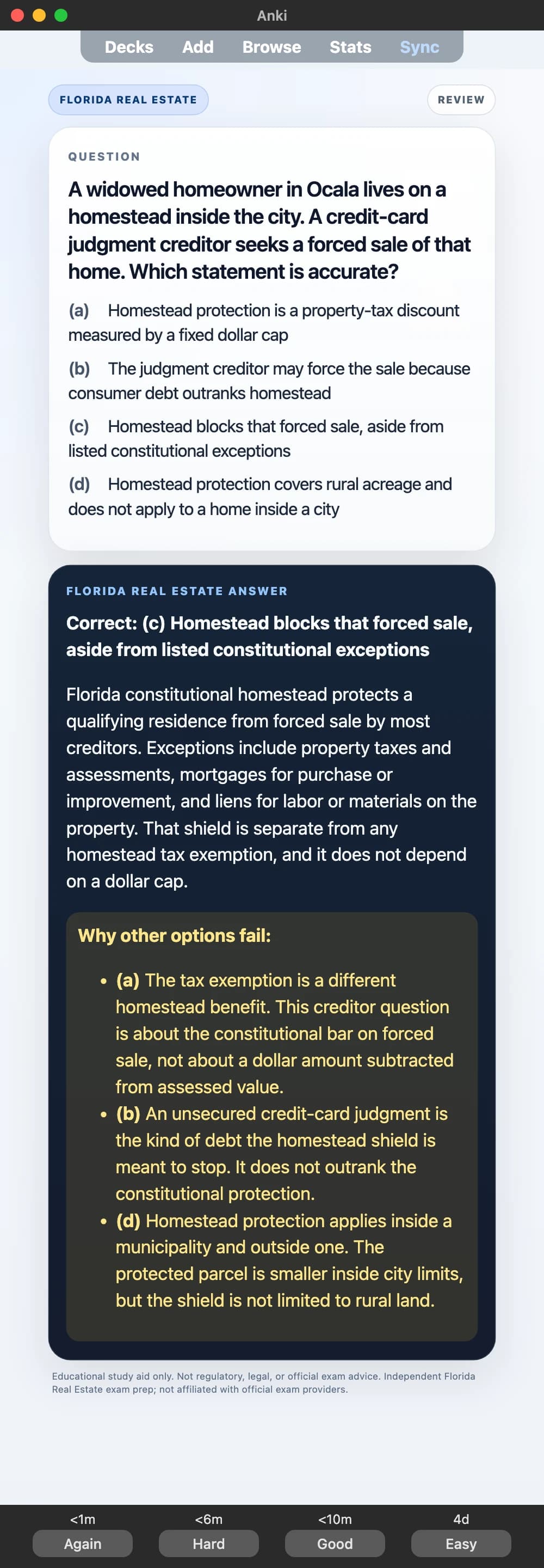 Sample Anki card: Sarasota zoning allows backyard accessory dwellings, but a subdivision's recorded deed restrictions limit each lot to one single-family residence. A buyer plans to add a rental cottage after closing. Which rule controls what she can build?