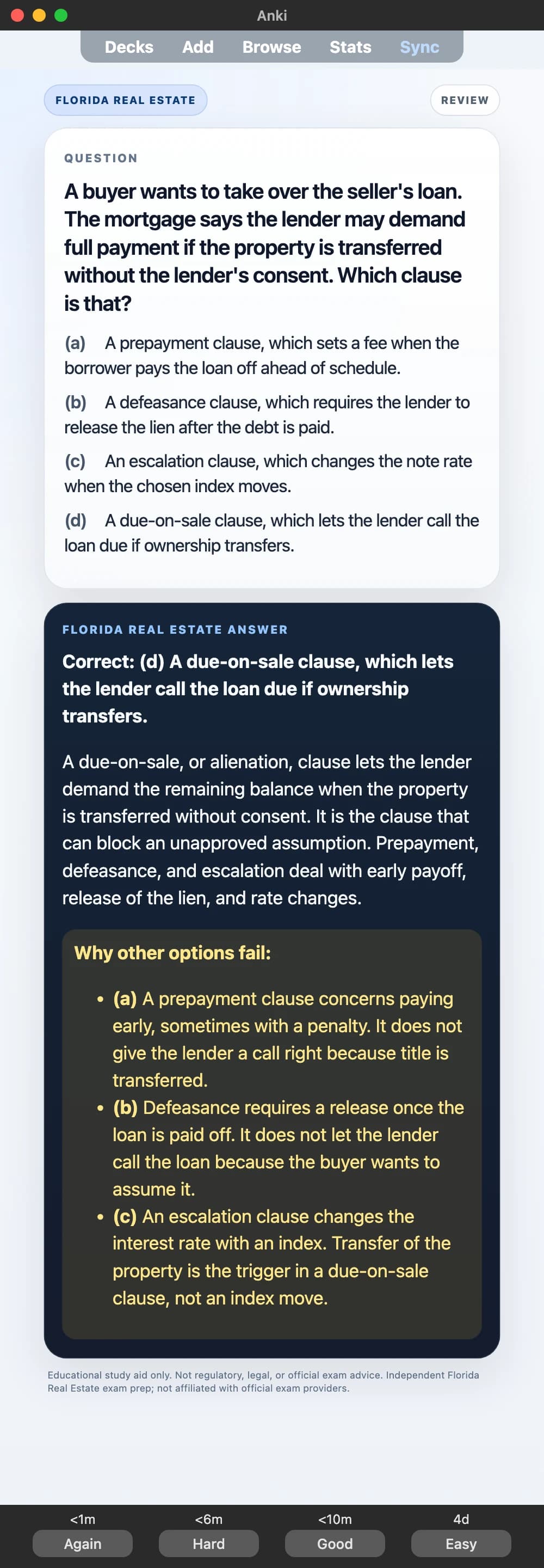 Sample Anki card: An appraiser values a 10-year-old office building in Ocala. The site is worth $150,000, replacement cost new is $900,000, and the building has a 50-year economic life with straight-line depreciation. What value does the cost approach indicate?