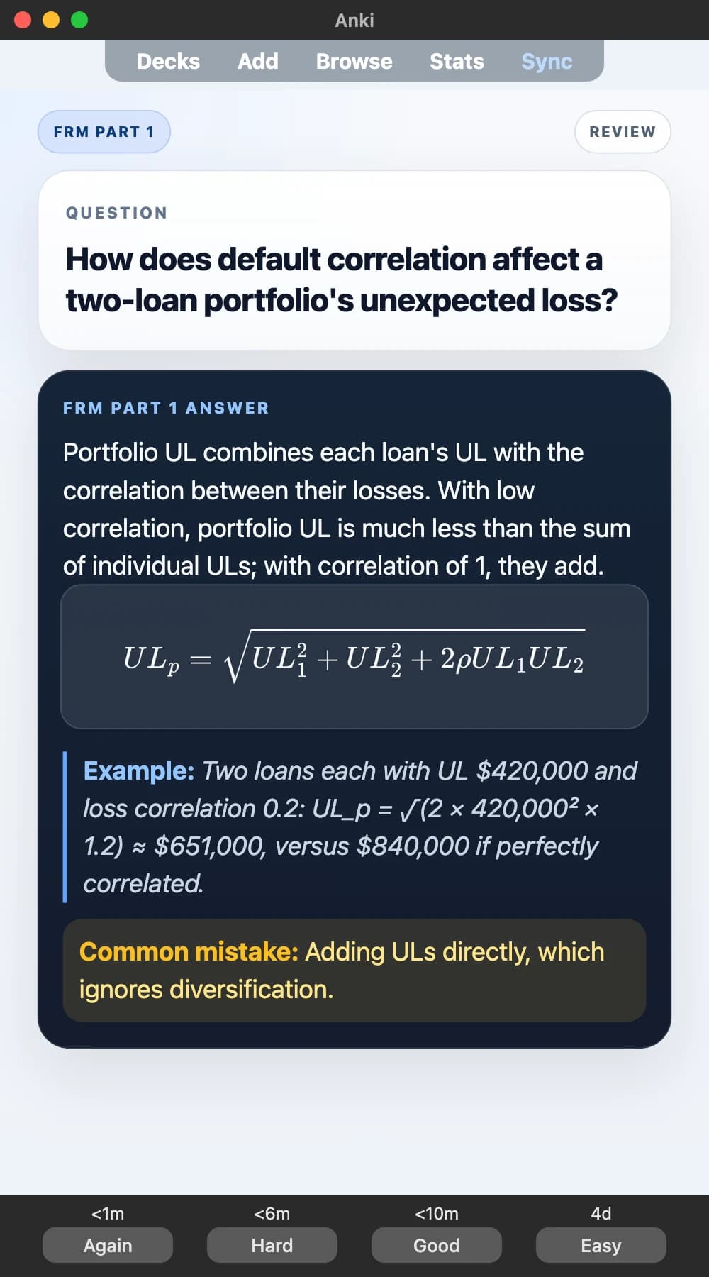 Sample Anki card: How does default correlation affect a two-loan portfolio's unexpected loss?