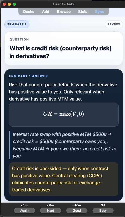 Sample Anki card: What is credit risk (counterparty risk) in derivatives?