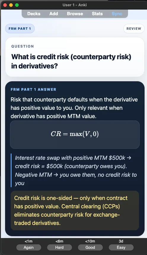 Sample Anki card: What is credit risk (counterparty risk) in derivatives?