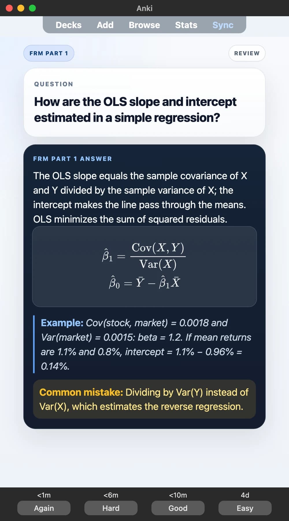 Sample Anki card: How are the OLS slope and intercept estimated in a simple regression?