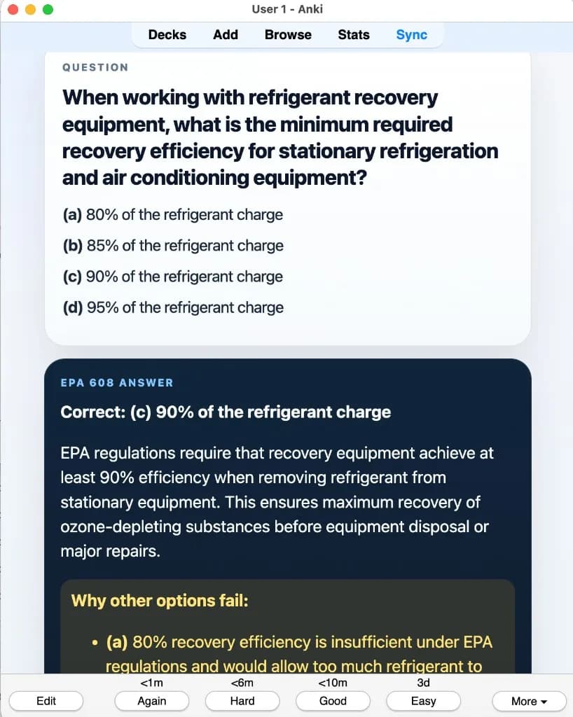 Sample Anki card: When working with refrigerant recovery equipment, what is the minimum required recovery efficiency for stationary refrigeration and air conditioning equipment?