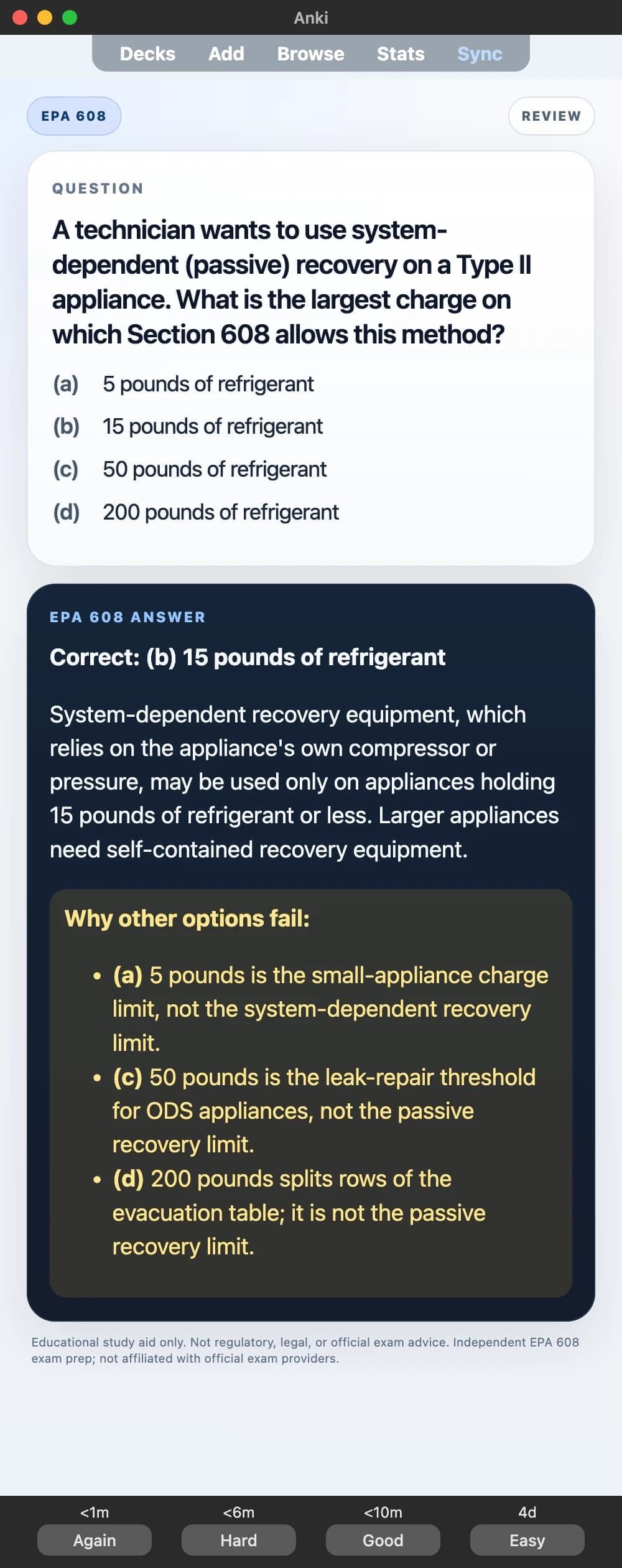 Sample Anki card: A technician wants to use system-dependent (passive) recovery on a Type II appliance. What is the largest charge on which Section 608 allows this method?