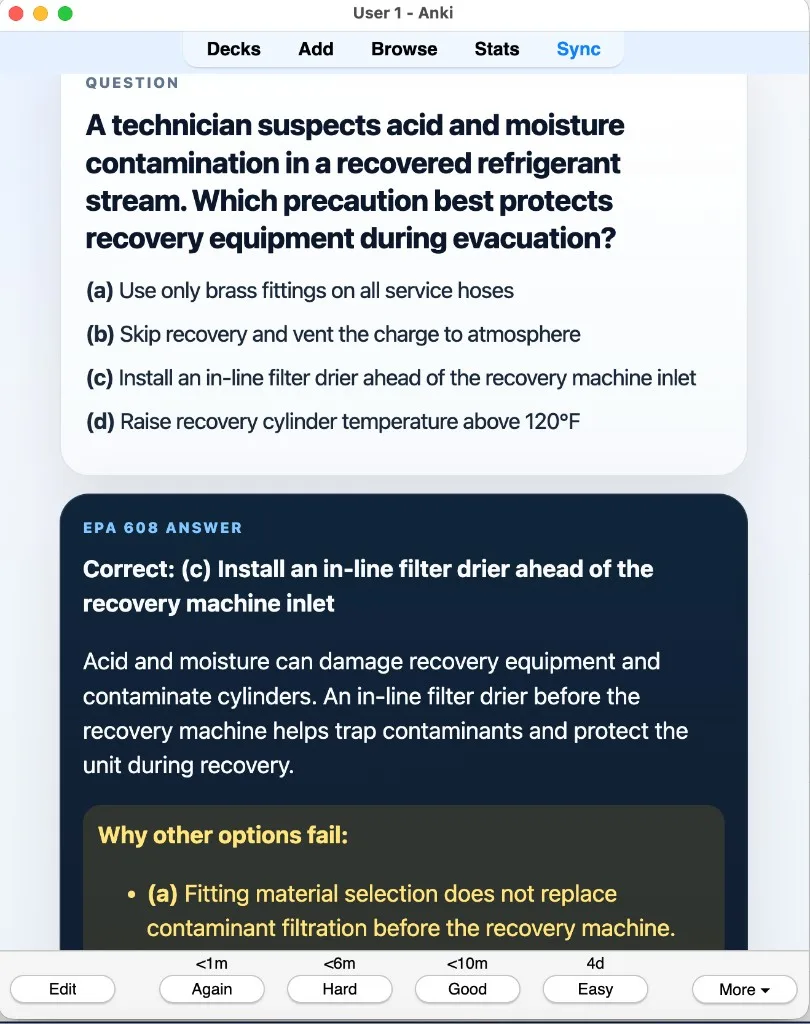 Sample Anki card: A technician suspects acid and moisture contamination in a recovered refrigerant stream. Which precaution best protects recovery equipment during evacuation?