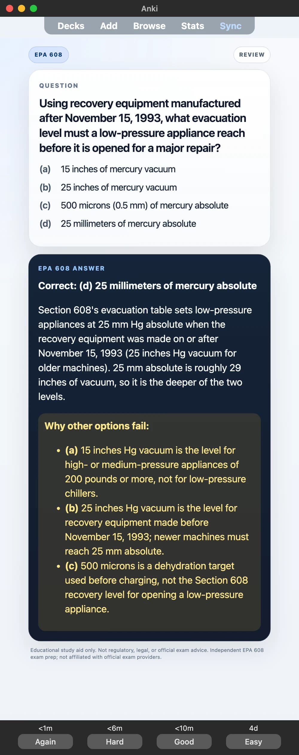 Sample Anki card: Using recovery equipment manufactured after November 15, 1993, what evacuation level must a low-pressure appliance reach before it is opened for a major repair?