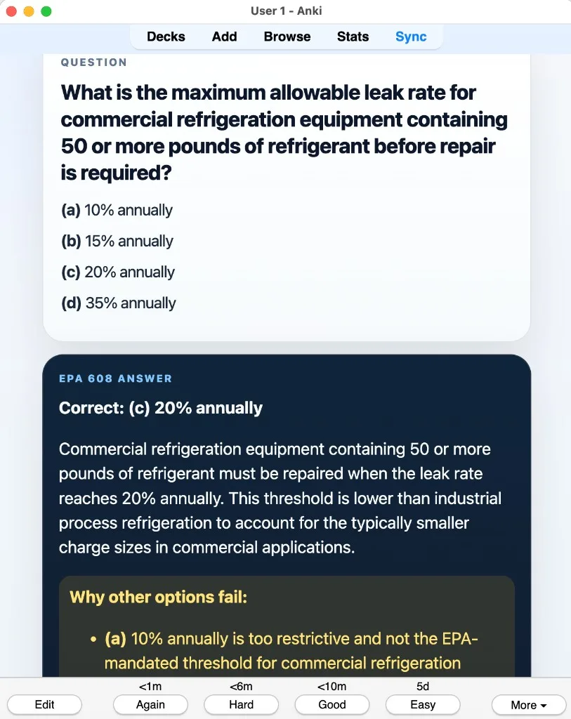 Sample Anki card: What is the maximum allowable leak rate for commercial refrigeration equipment containing 50 or more pounds of refrigerant before repair is required?