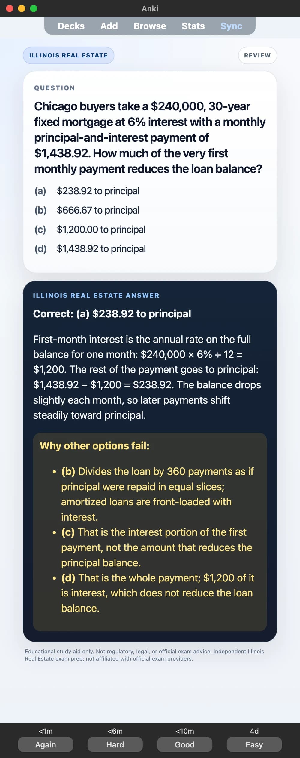 Sample Anki card: Chicago buyers take a $240,000, 30-year fixed mortgage at 6% interest with a monthly principal-and-interest payment of $1,438.92. How much of the very first monthly payment reduces the loan balance?