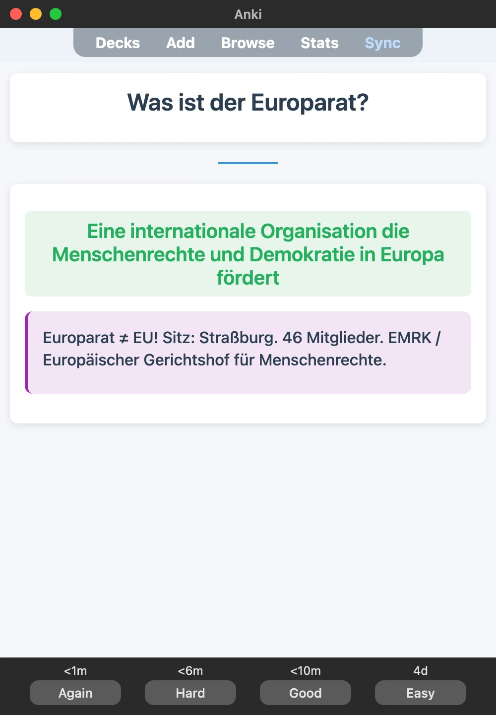 Sample Anki card: Was ist der Europarat?