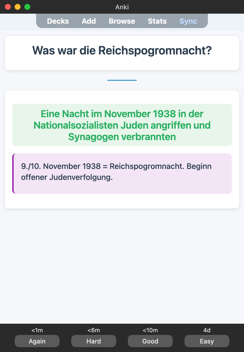 Sample Anki card: Was war die Reichspogromnacht?