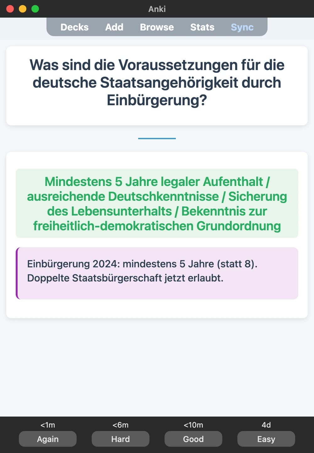 Sample Anki card: Was sind die Voraussetzungen für die deutsche Staatsangehörigkeit durch Einbürgerung?