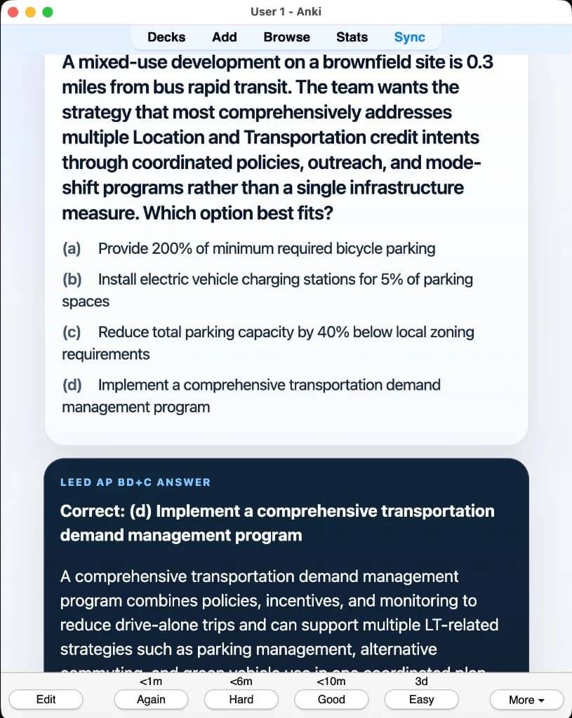 Sample Anki card: A mixed-use development near transit wants a strategy that addresses multiple Location and Transportation credit intents through coordinated policies and mode-shift programs. Which option best fits?