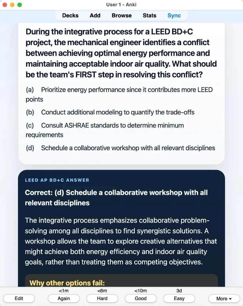 Sample Anki card: During integrative process, the mechanical engineer finds a conflict between optimal energy performance and acceptable indoor air quality. What should the team do FIRST?