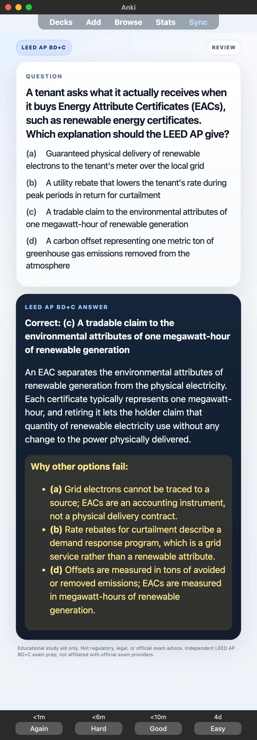 Sample Anki card: A tenant asks what it actually receives when it buys Energy Attribute Certificates (EACs), such as renewable energy certificates. Which explanation should the LEED AP give?