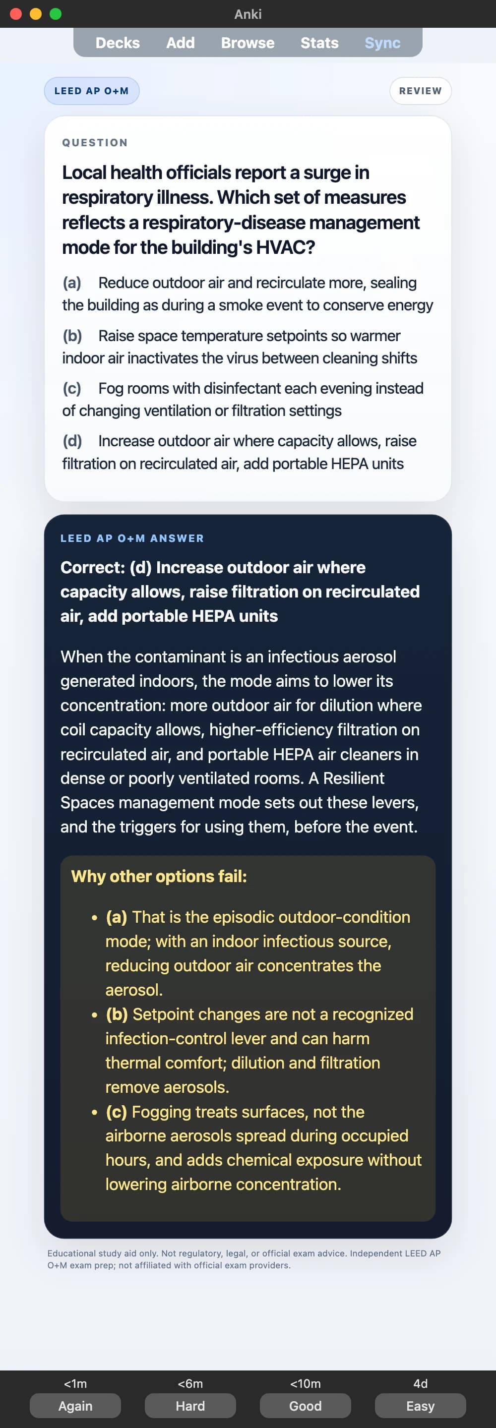 Sample Anki card: Local health officials report a surge in respiratory illness. Which set of measures reflects a respiratory-disease management mode for the building's HVAC?