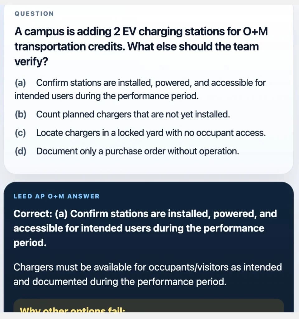 Sample Anki card: A campus is adding 2 EV charging stations for O+M transportation credits. What else should the team verify?