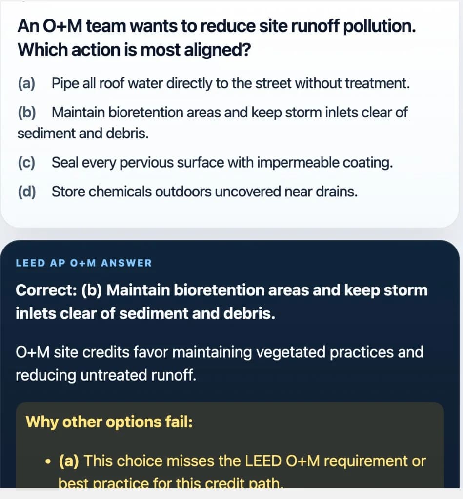 Sample Anki card: An O+M team wants to reduce site runoff pollution. Which action is most aligned?