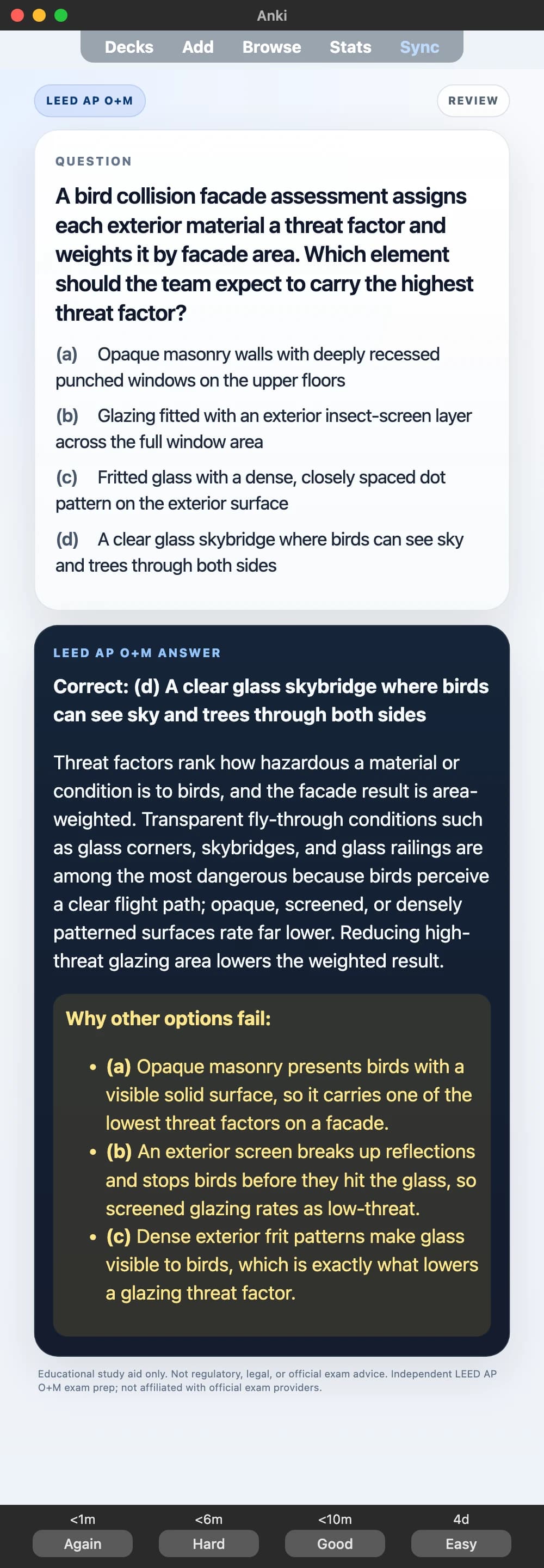 Sample Anki card: A bird collision facade assessment assigns each exterior material a threat factor and weights it by facade area. Which element should the team expect to carry the highest threat factor?