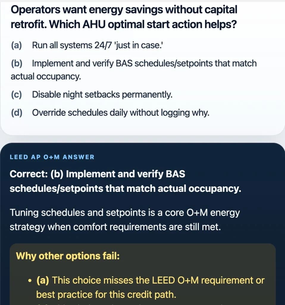 Sample Anki card: Operators want energy savings without capital retrofit. Which AHU optimal start action helps?