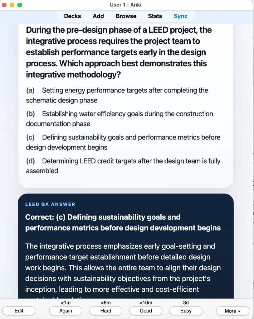 Sample Anki card: During pre-design, the integrative process requires establishing performance targets early. Which approach best demonstrates this methodology?